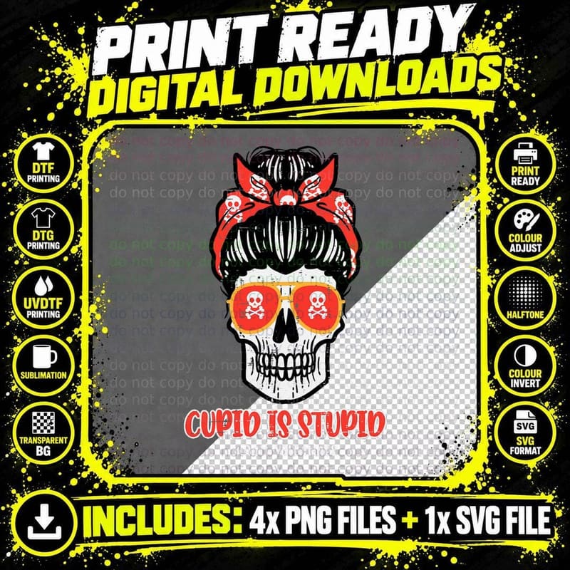 Anti Valentines Day Cupid Is Stupid Skull Messy Bun Png SVG Digital Bundle