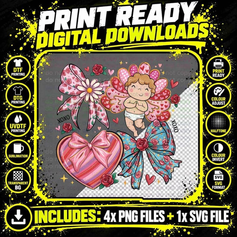 Baby Cupid with Flowers Hearts Valentine T-Shirt Png SVG Digital Bundle