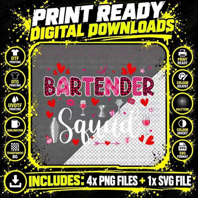 Bartender Squad Cute Tools Hearts Costume Valentine's Png SVG Digital Bundle