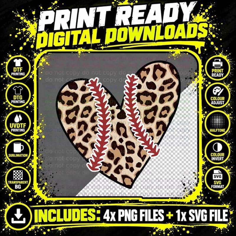 Baseball Mom Valentine Leopard Heart Softball Mom Mother Png SVG Digital Bundle