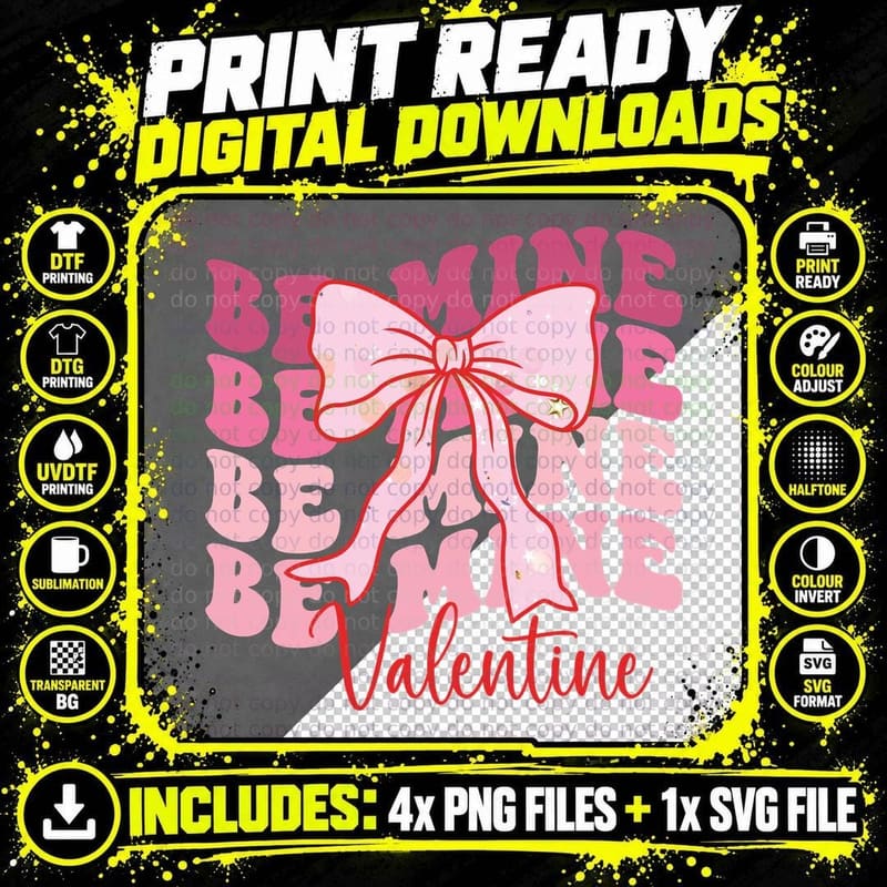 Be Mine Valentine Pink Love Bow Distressed T-Shirt Png SVG Digital Bundle