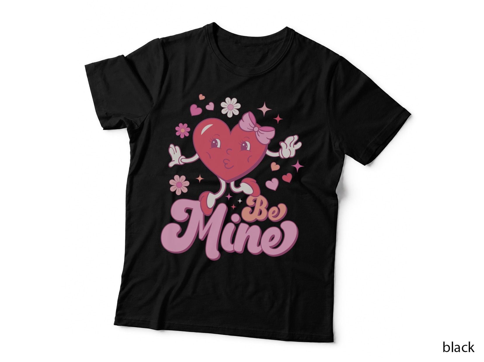 Be Mine Valentine T-Shirt, Animated Heart Mascot with Flowers Love Tee