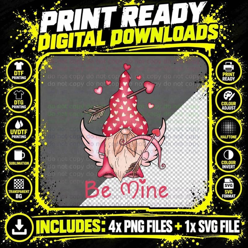 Be Mine Valentine T-Shirt, Cupid Gnome Hearts Love Tee Png SVG Digital Bundle