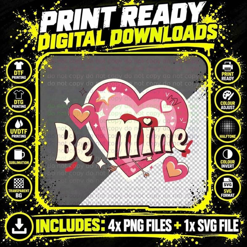 Be Mine Valentine T-Shirt, Pink Hearts with Arrow and Png SVG Digital Bundle