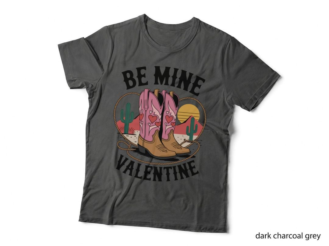 Be Mine Valentine Western T-Shirt, Pink Cowboy Boots with Hearts in Graphic Tee
