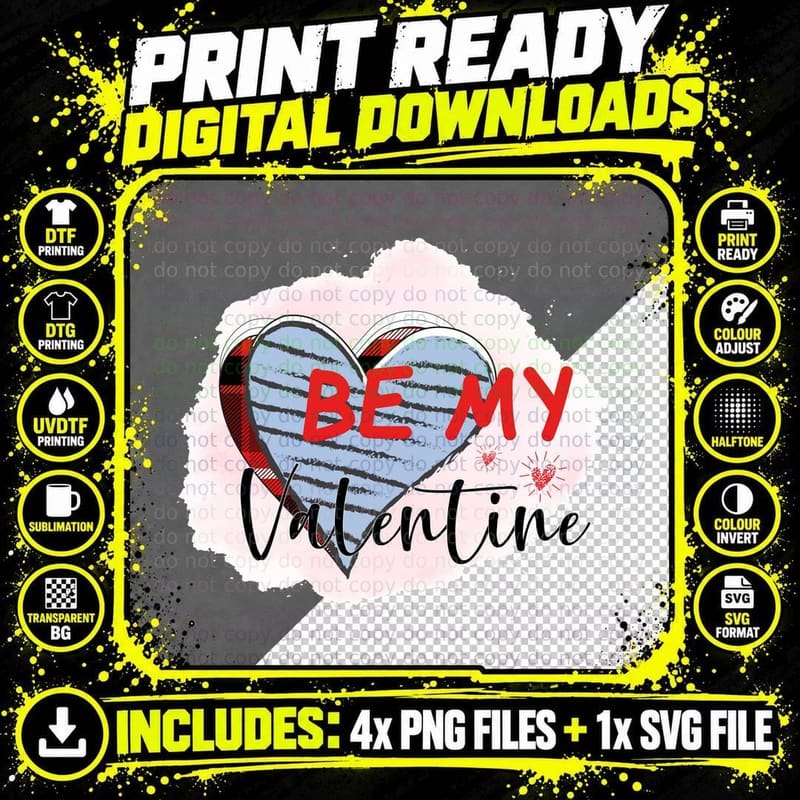 Be My Valentine Heart Striped Checkered Blue Red T-Shirt Png SVG Digital Bundle