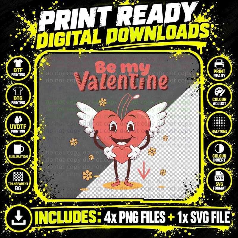 Be My Valentine T-Shirt, Winged Heart Mascot Holding Png SVG Digital Bundle