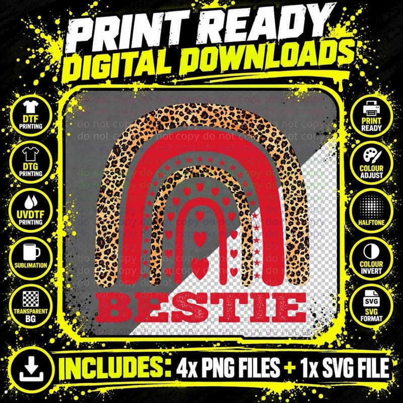Bestie Valentine Birthday Hearts Leopard T-Shirt Png SVG Digital Bundle