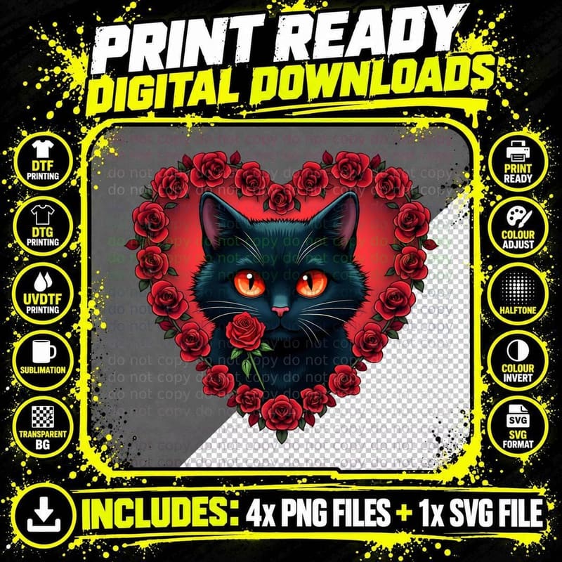 Black Cat with Red Rose, Goth Emo Style Png SVG Digital Bundle