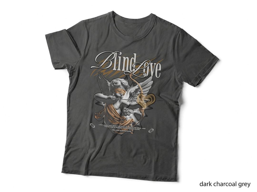 Blind Love Blindfolded Cupid Tee, Gold Bow Shakespeare Quote, Retro Urban Art