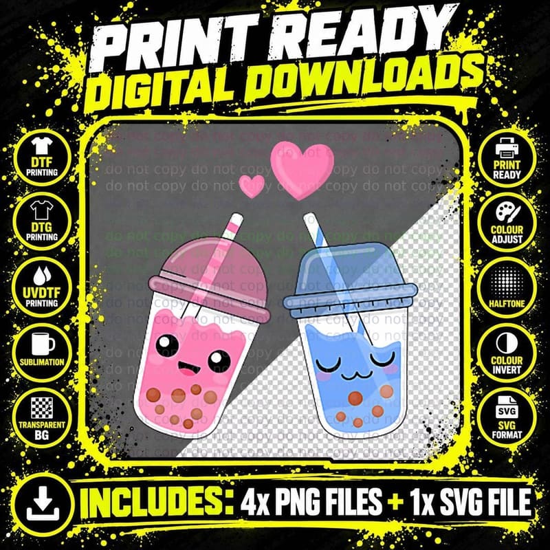 Boba Bubble Tea Drink Valentine's Day Couples Suitable Png SVG Digital Bundle