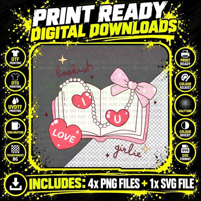 Bookish Girlie Valentine T-Shirt, Open Book with Pearl Png SVG Digital Bundle