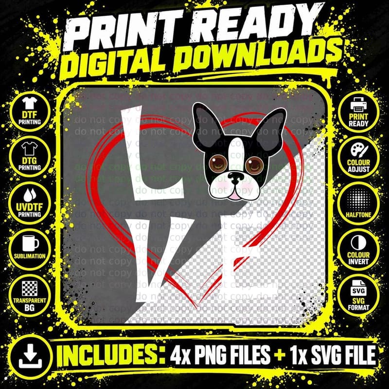Boston Terrier Heart T-Shirt, Valentine's Day Love Png SVG Digital Bundle