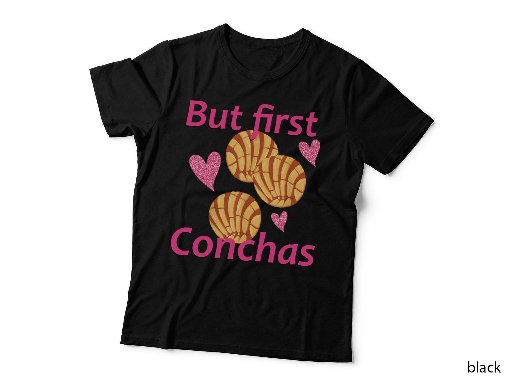 But First Conchas Orange and Yellow Pastries Pink Glitter Hearts T-Shirt