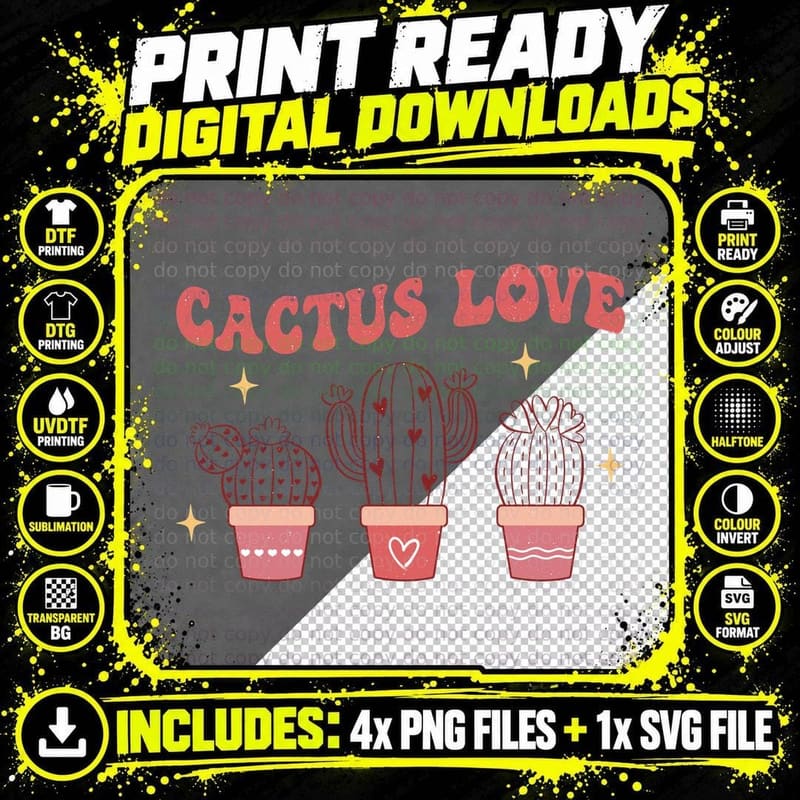 Cactus Love Valentine T-Shirt, Three Cacti Potted Hearts Png SVG Digital Bundle