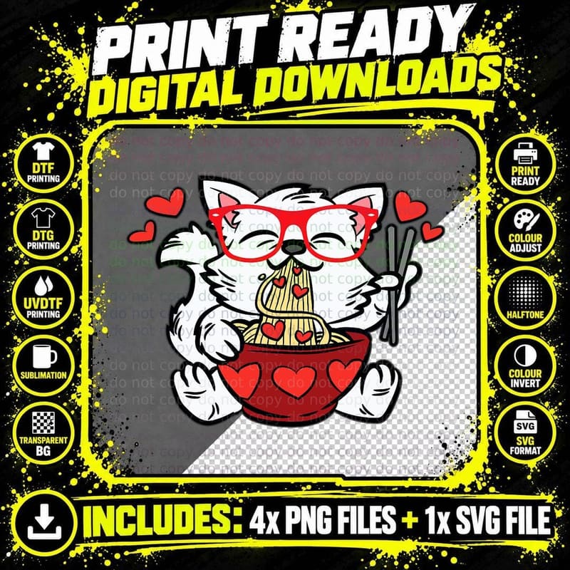 Cat Eating Ramen Valentine's Day T-Shirt Png SVG Digital Bundle