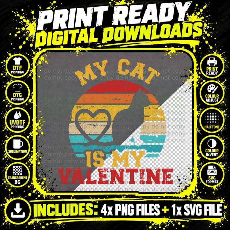 Cat Valentine's Day T-Shirt, Vintage Retro Style Png SVG Digital Bundle
