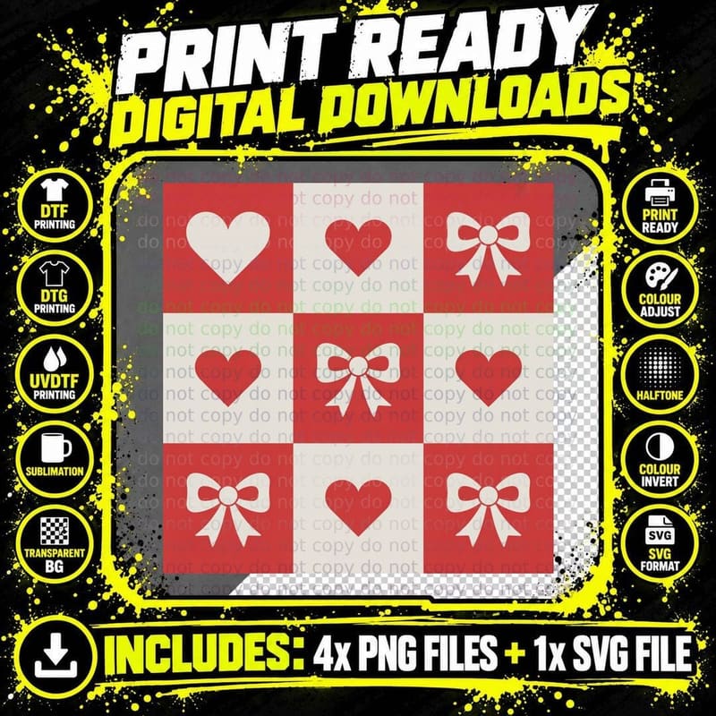 Checkerboard Hearts Bows Grid Valentine T-Shirt Png SVG Digital Bundle