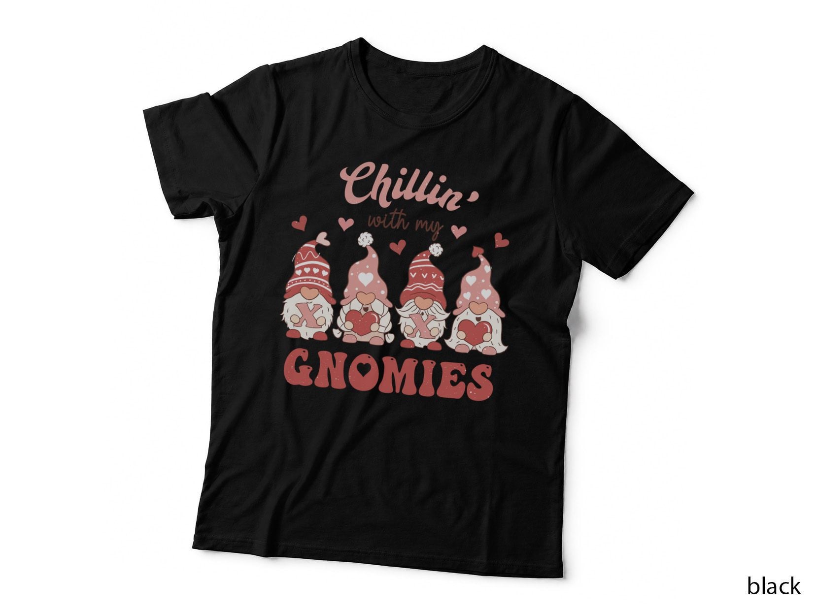 Chillin' with My Gnomes Valentine T-Shirt, Four Red Gnomes Hearts Love Tee