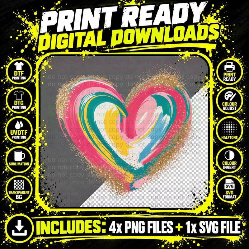 Colorful Gradient Heart Glitter Valentine T-Shirt Png SVG Digital Bundle