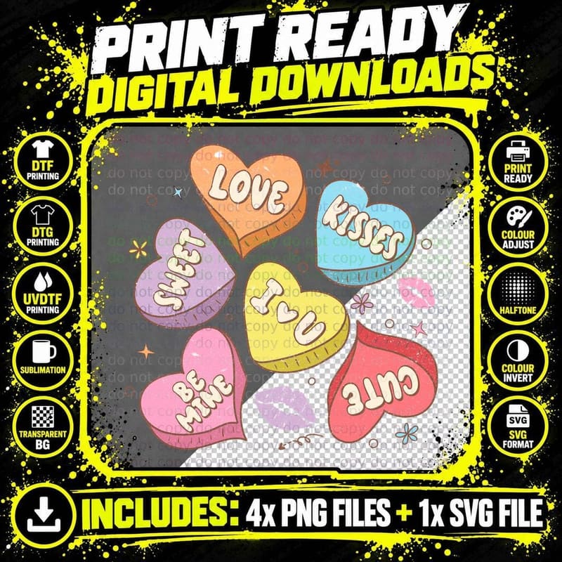 Conversation Heart Candies Scattered Valentine T-Shirt Png SVG Digital Bundle