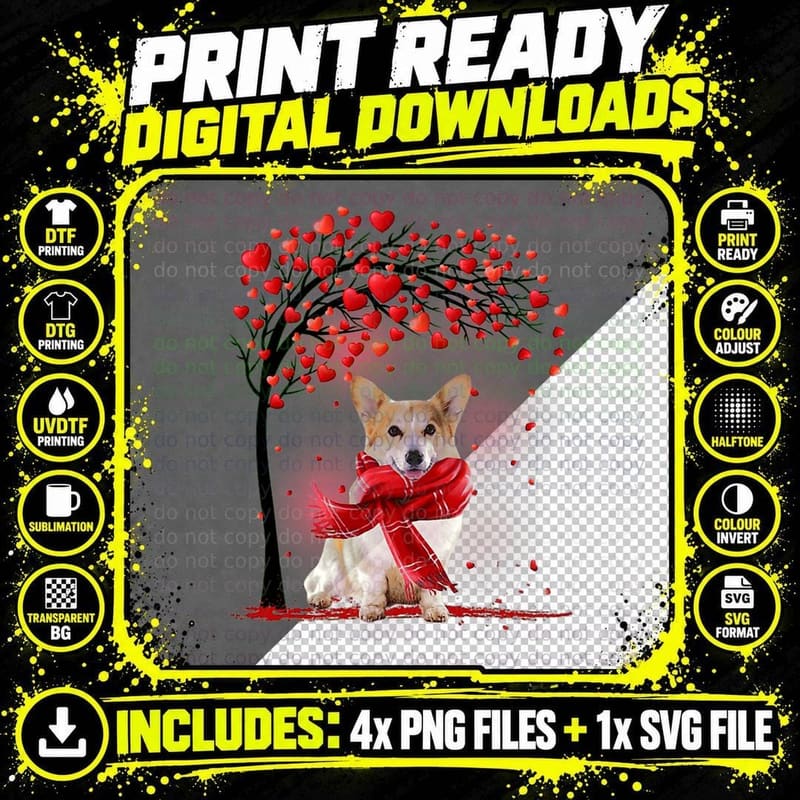 Corgi Valentine Love Tree - Dogs Hearts Tree T-Shirt Png SVG Digital Bundle