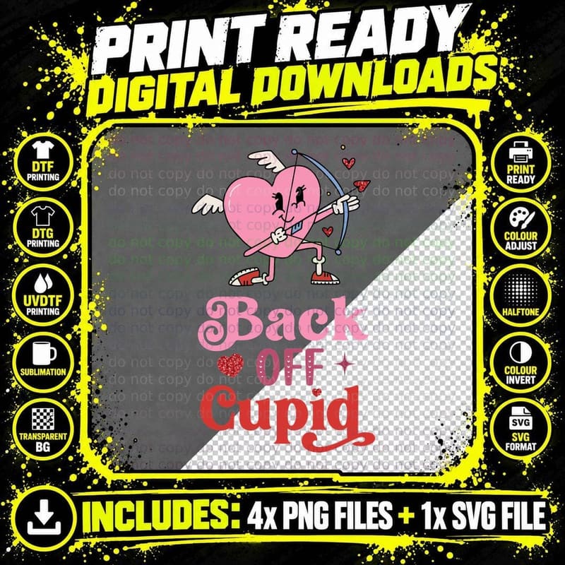 Cupid Back off Pink Heart with Arrow Cartoon Humorous Png SVG Digital Bundle