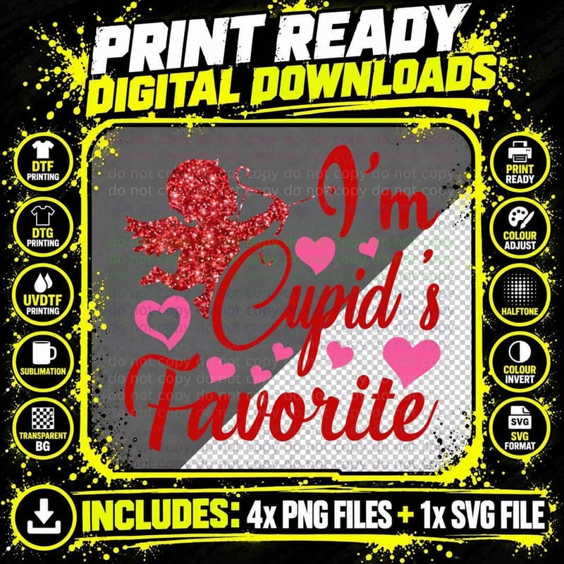 Cupid I'm Cupid's Favorite Red Glitter Figure Hearts Png SVG Digital Bundle