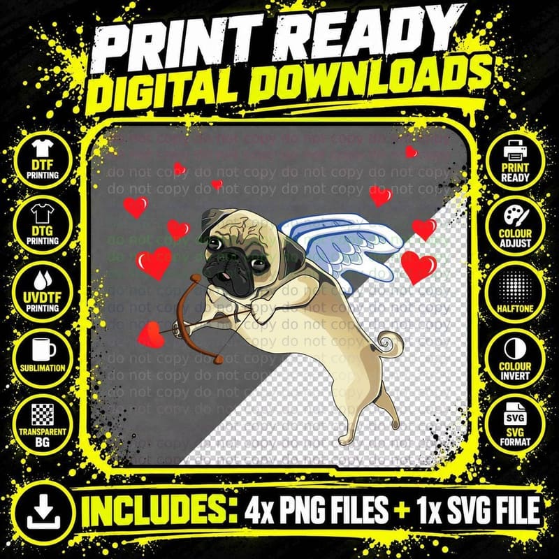 Cupid Pug T-Shirt, Valentine's Day Cupid Png SVG Digital Bundle