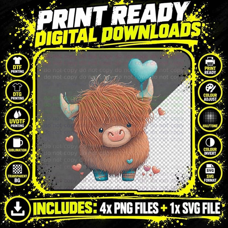 Cute Highland Cow Valentine's Day Farm Cow Lover Png SVG Digital Bundle
