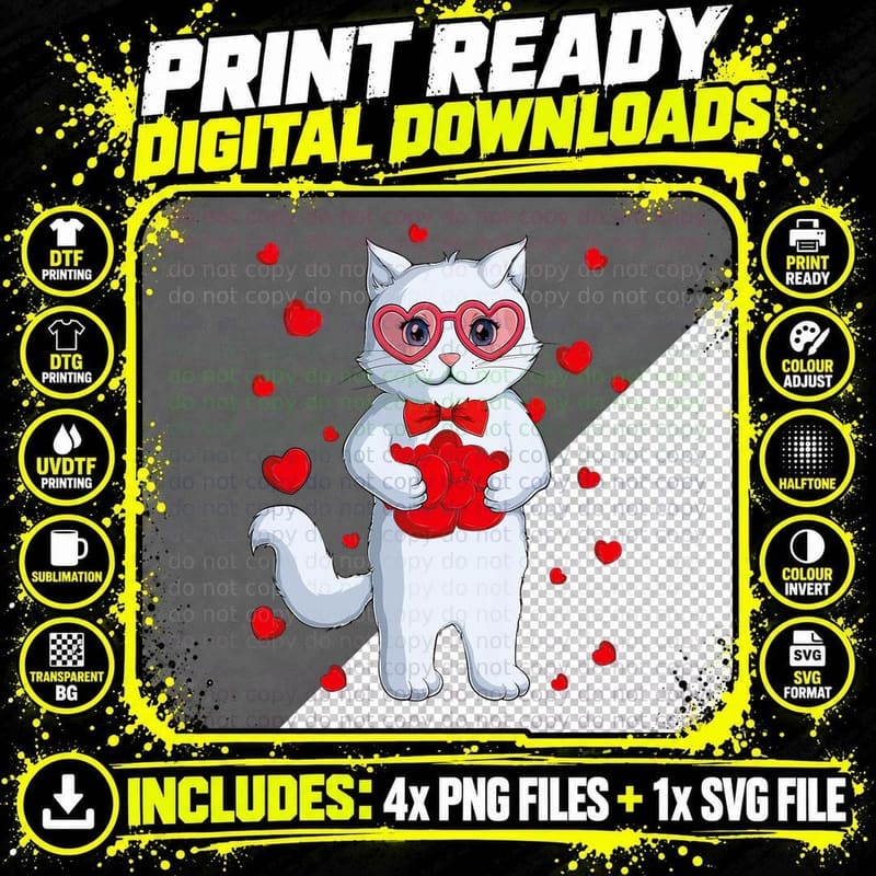 Cute Kawaii Cat Heart Valentine's Day Kitten Kids Girls Png SVG Digital Bundle