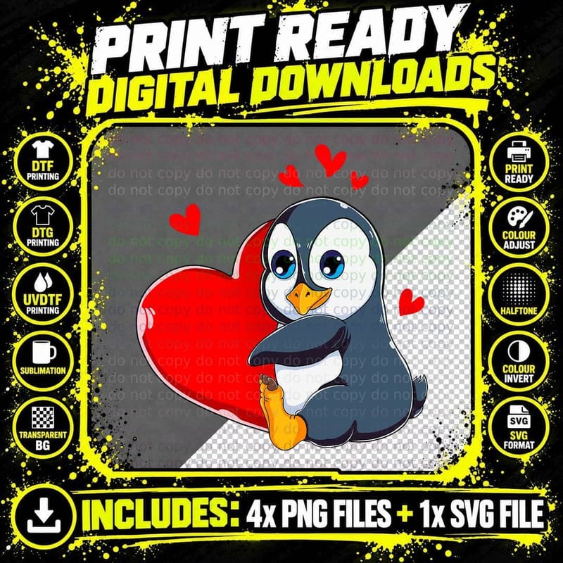 Cute Penguin Valentines Day Holding Heart My Valentine Png SVG Digital Bundle