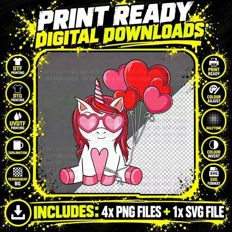 Cute Valentine's Day Unicorn Lover Heart Balloon Girls Png SVG Digital Bundle