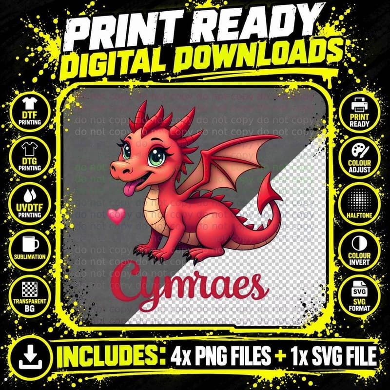 Cymraes Welsh Dragon Heart Cute Love Valentine's Day Png SVG Digital Bundle