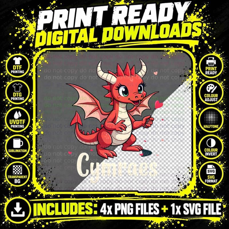 Cymraes Welsh Red Dragon Heart Lollipop Valentine's Day Png SVG Digital Bundle