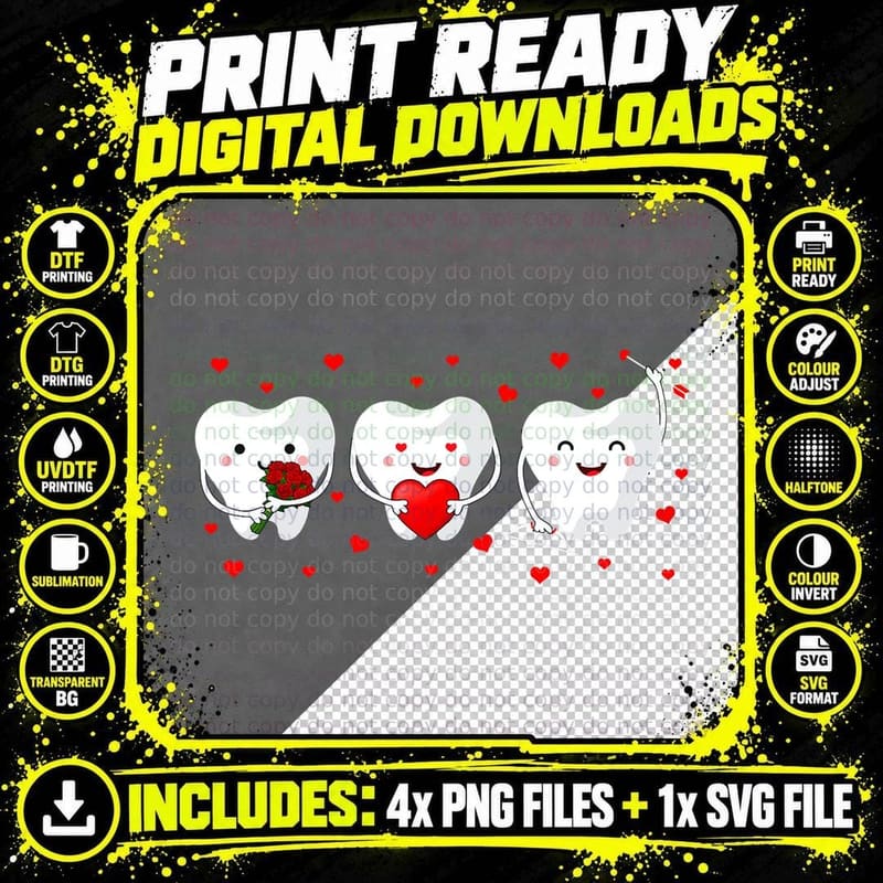 Dental Valentine's Day Cute Teeth Hugging Heart Rose Png SVG Digital Bundle