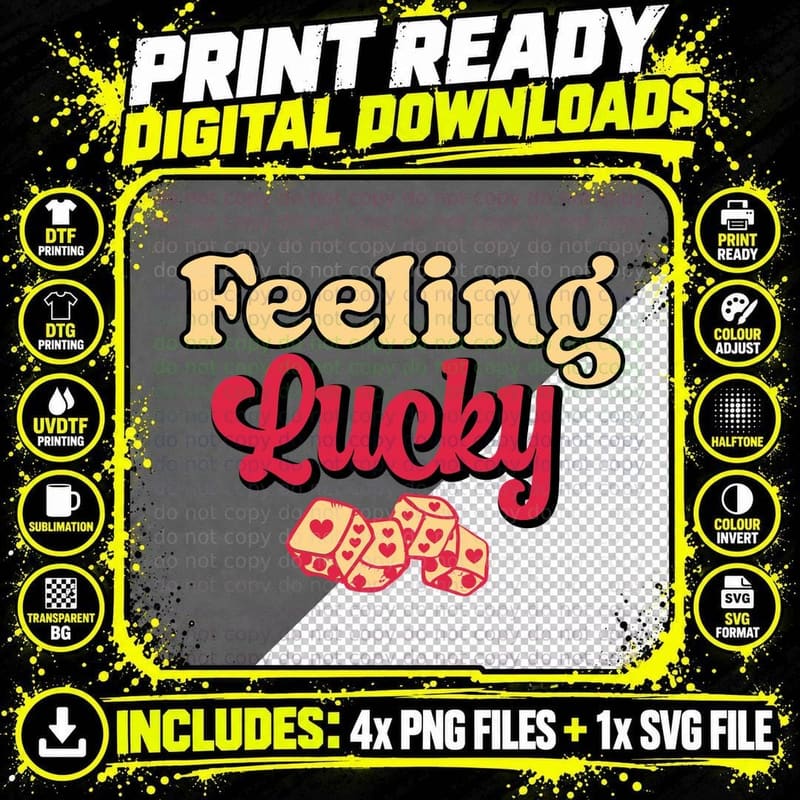 Feeling Lucky Valentine T-Shirt, Heart Dice on Checkered Png SVG Digital Bundle