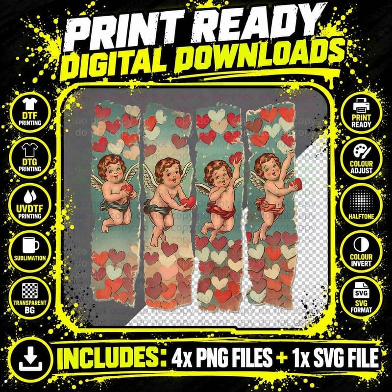 Four Vintage Cherub Cupids Valentine T-Shirt Png SVG Digital Bundle