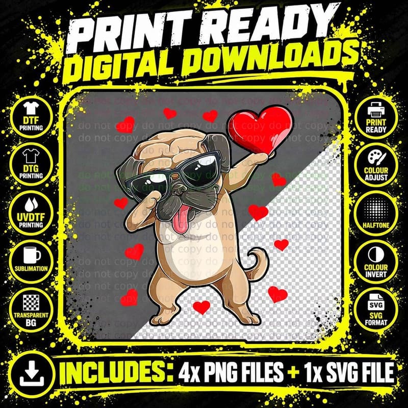 Funny Dabbing Dog Heart Valentine's Day Boys Girls Kids Png SVG Digital Bundle