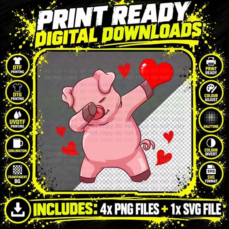 Funny Dabbing Pig Heart Valentine's Day Women Men Kids Png SVG Digital Bundle