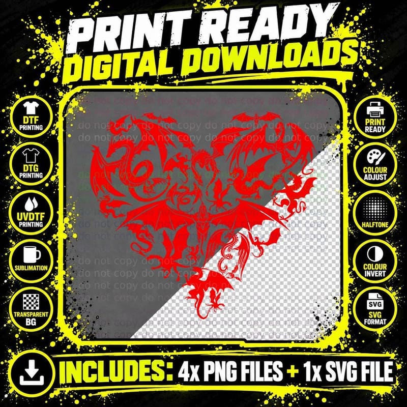Funny Dragon Heart Valentine Day Animals Dragon Lover Png SVG Digital Bundle