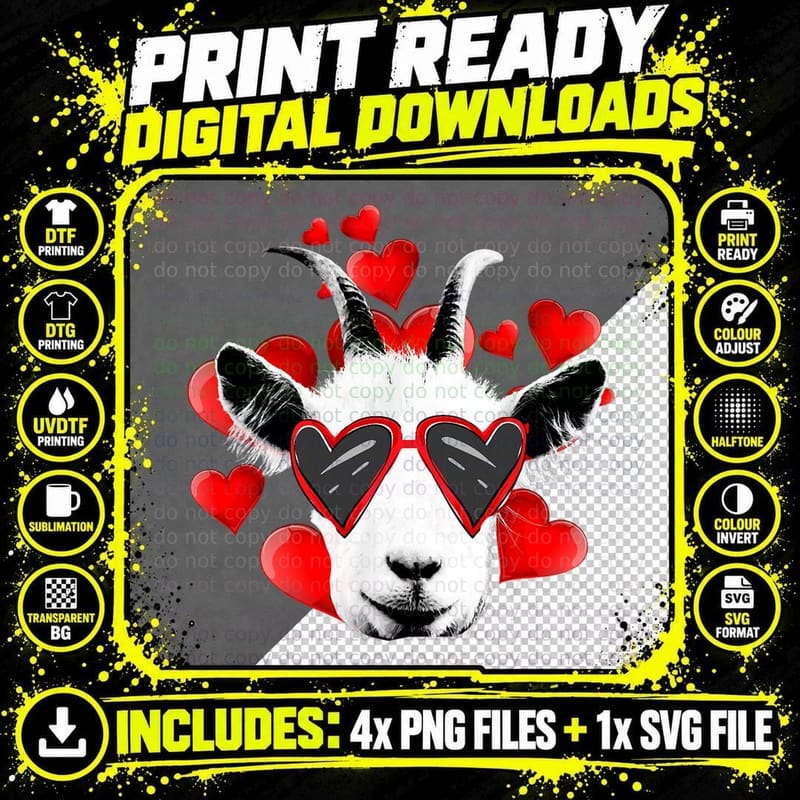 Funny Goat Face Wear Heart Sunglasses Farmer Valentine's Png SVG Digital Bundle