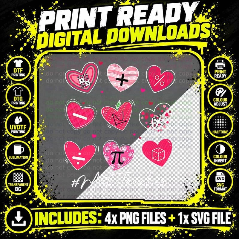 Funny Math Teacher Valentine's Day Pi Math Lover Outfits Png SVG Digital Bundle