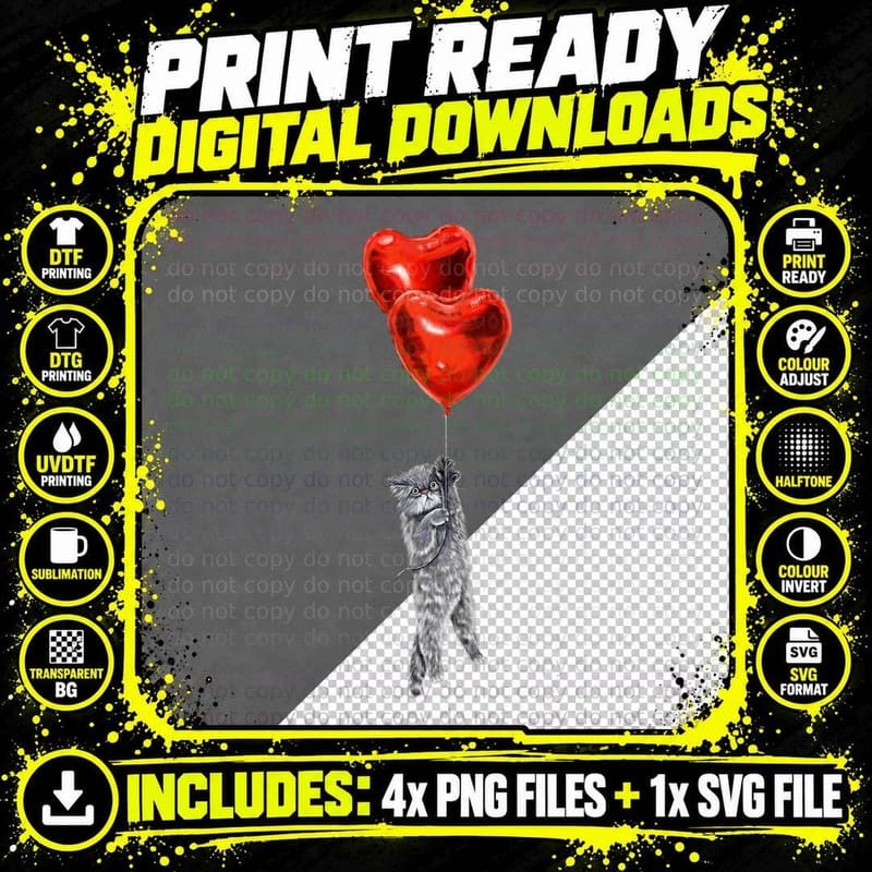 Funny Valentine's Day Cat Cute Persian Heart Balloons Png SVG Digital Bundle