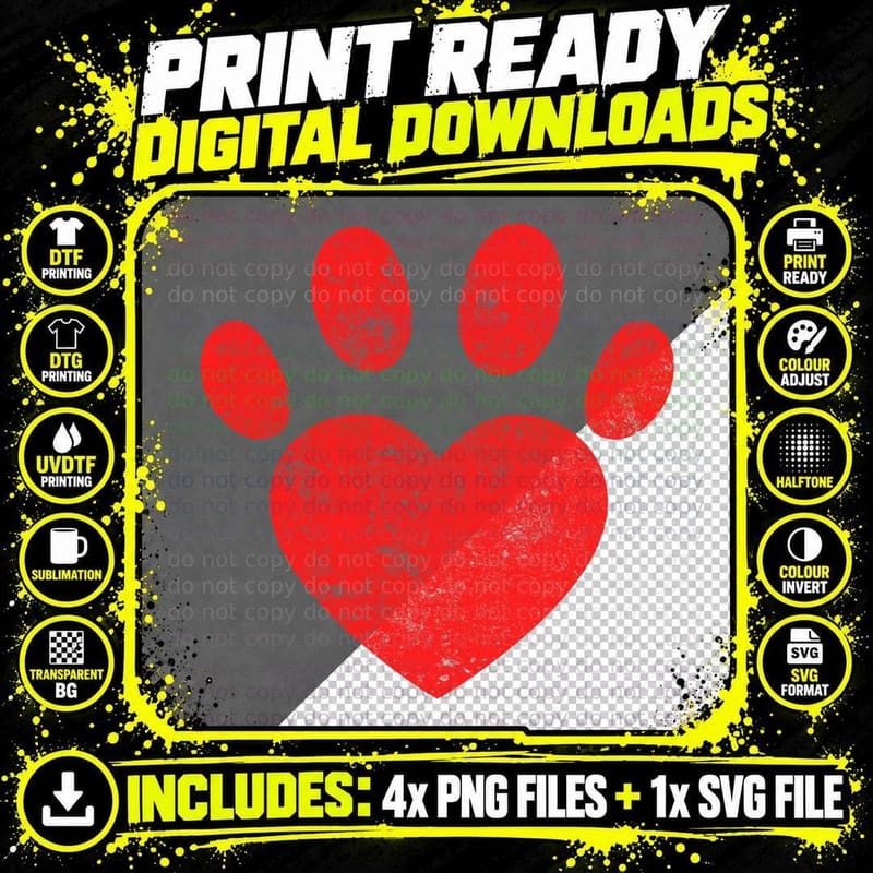 Funny Valentine's Day Paw Print Heart Dog Cat Owner Png SVG Digital Bundle