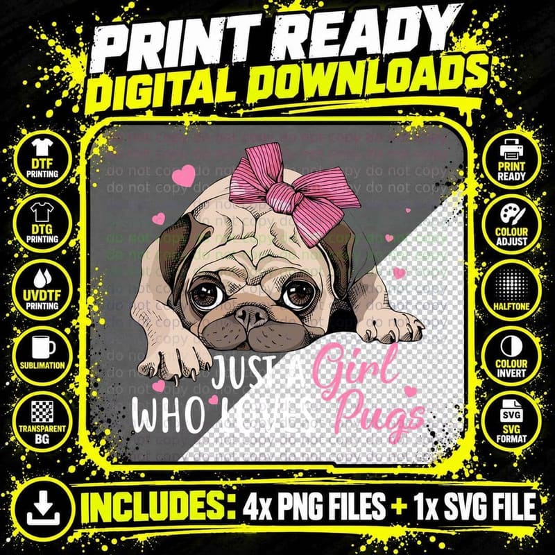 Girl Pugs T-Shirt, Pet Lover Apparel Png SVG Digital Bundle