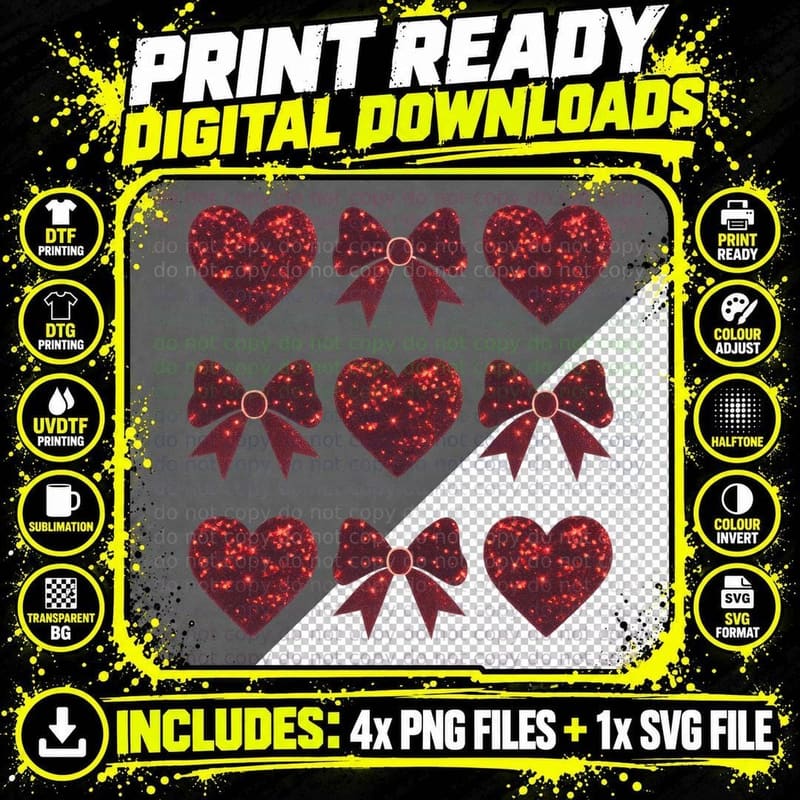 Glittery Hearts and Bows Valentine T-Shirt Png SVG Digital Bundle