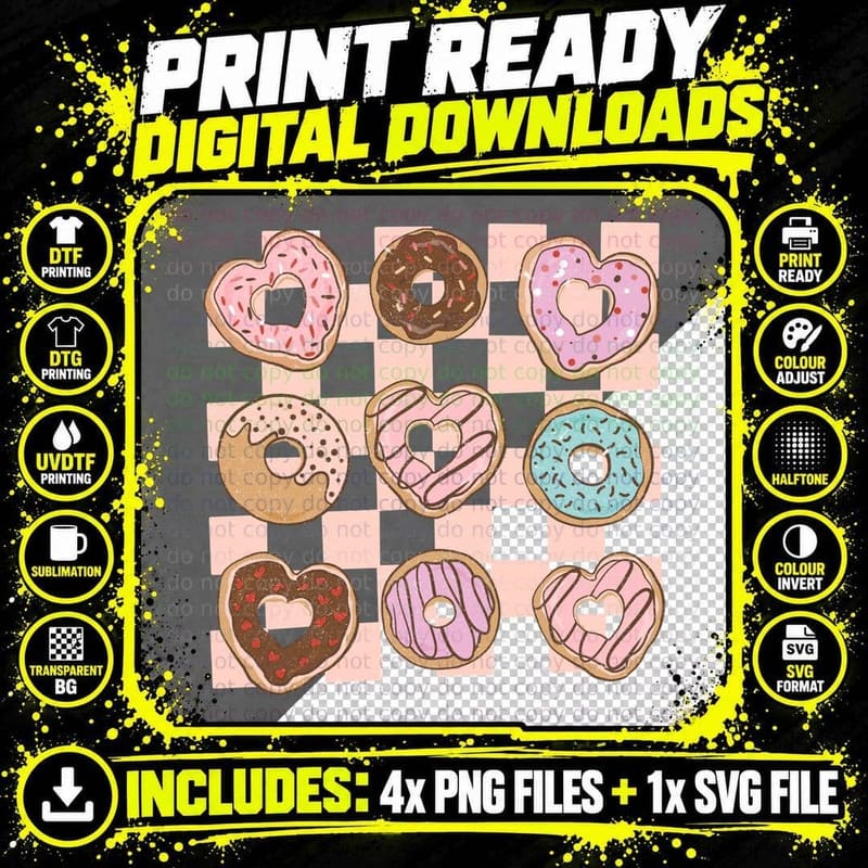 Grid of Decorated Donuts Valentine T-Shirt Png SVG Digital Bundle