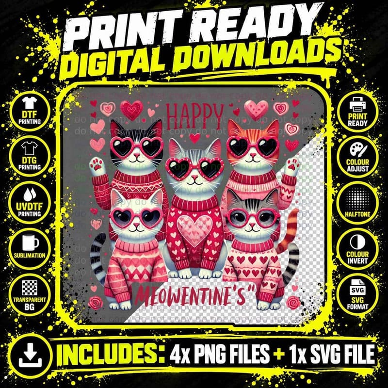 Happy Meowentine's Cat T-Shirt, Valentine's Day Cats in Png SVG Digital Bundle