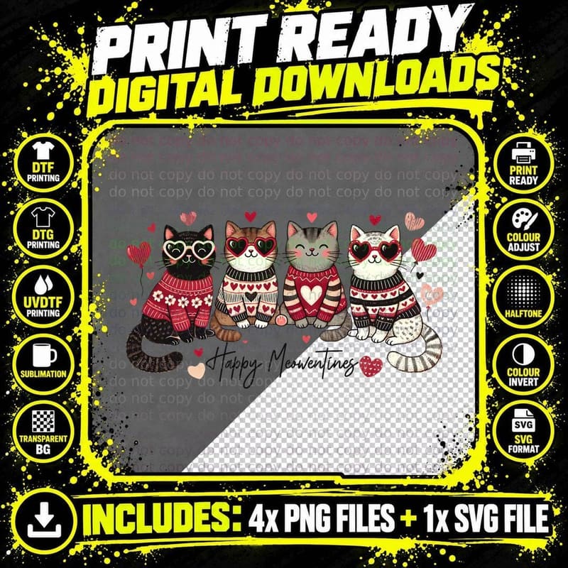 Happy Meowentines Four Cats Hearts Valentine T-Shirt Png SVG Digital Bundle